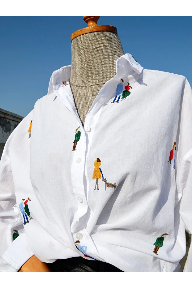 Women's White Miniature Character Embroidered Long Sleeve Buttoned Cotton Linen Shirt
