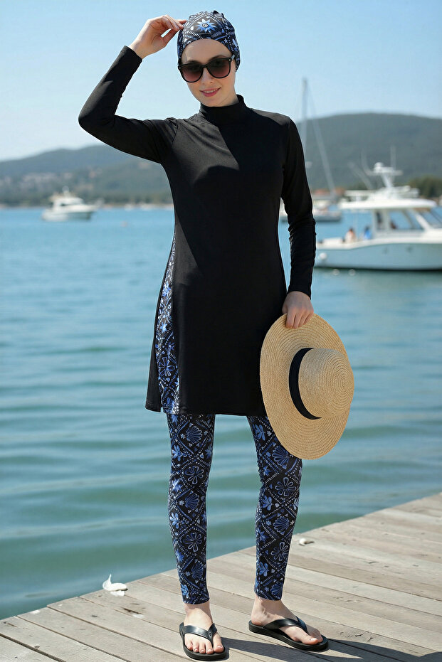 2-Piece Set (with Bonnet Gift) Burkini with Patterned Collar Edge and Leggings, Quick-Drying Islamic Swimwear D32
