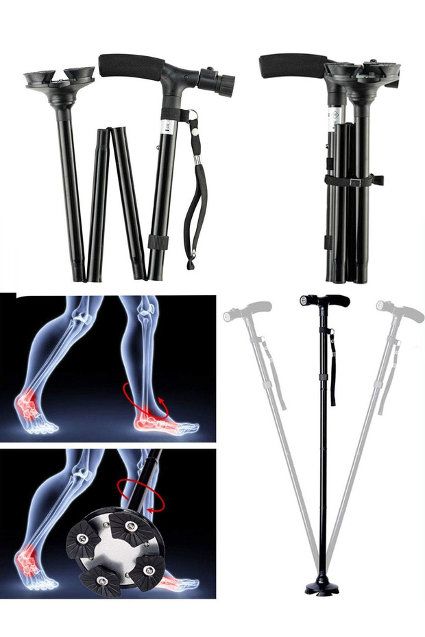 عكاز قابل للطي من خمسة أقسام بطول 85-95 سم مع ضوء LED لكبار السن وذوي الاحتياجات الخاصة