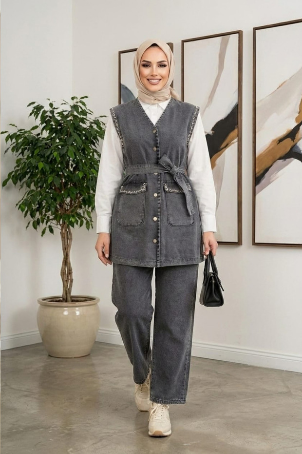 Women's Stone Embellished Belted Vest-Pants Black Denim Two-Piece Set
