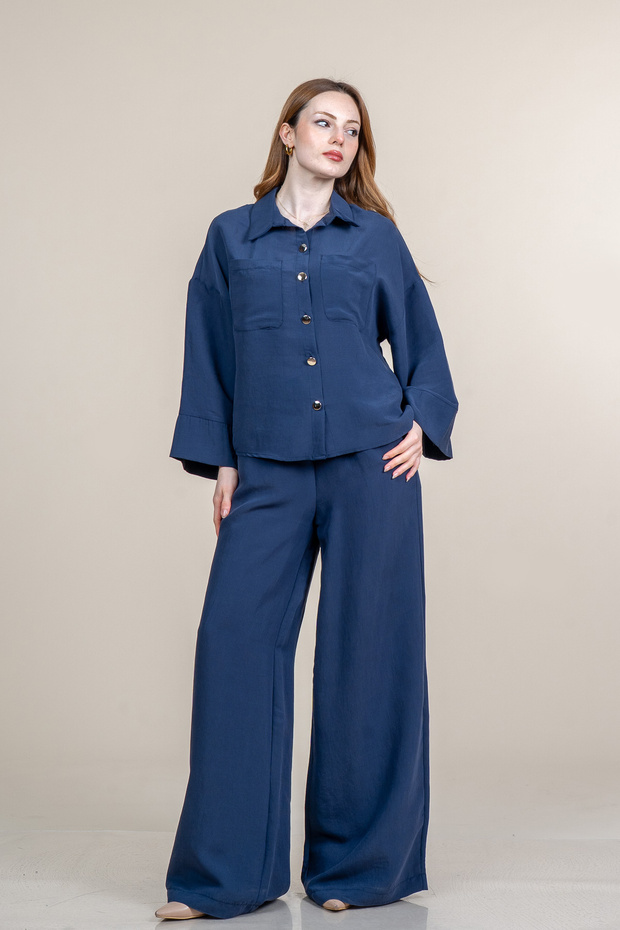 Women's Summer Navy Striped Modal Fabric Shirt and Pants Set Stylish Casual Comfortable Two-Piece 1300