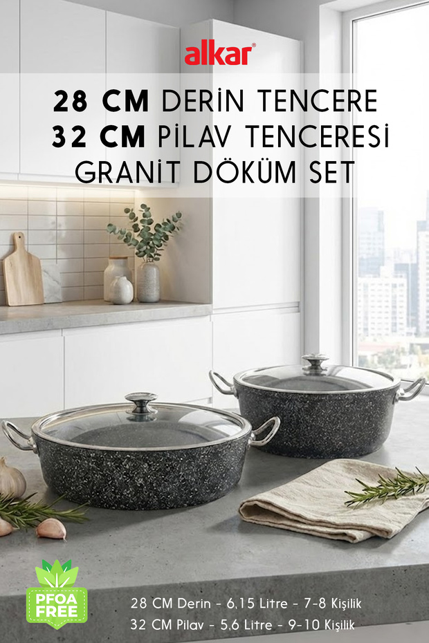 طقم أواني طهي من الجرانيت بعمق 28 سم وقطر 32 سم - يمكن استخدامه في الفرن بحجم كبير