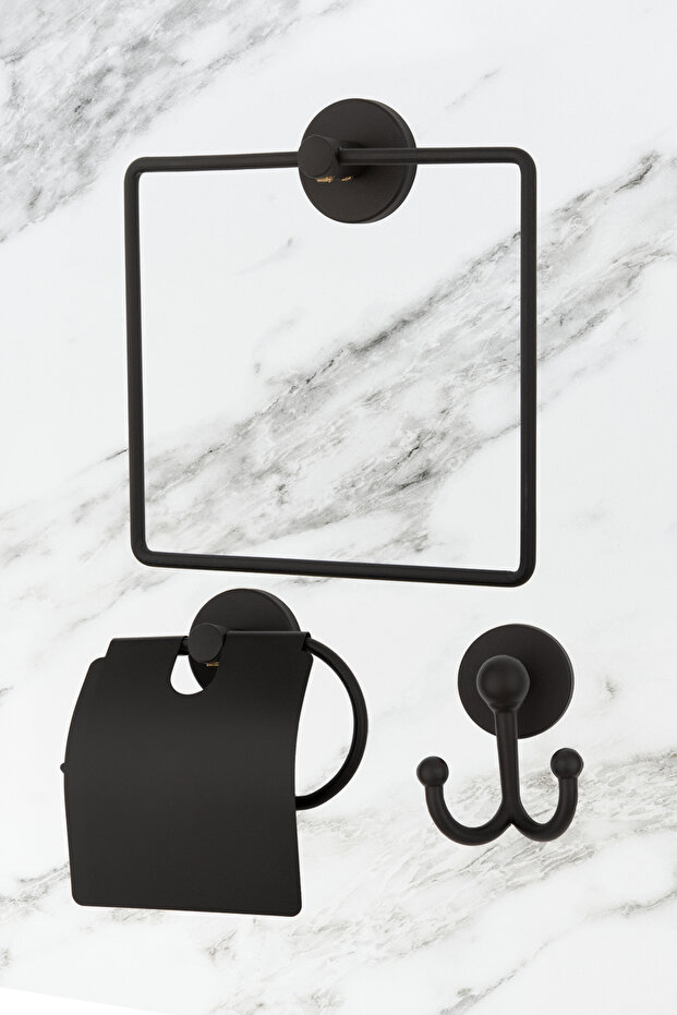 Black Square Towel Holder, Wide Lid Toilet Paper Holder, Fork, Bathrobe, 3-Piece Bathroom Set
