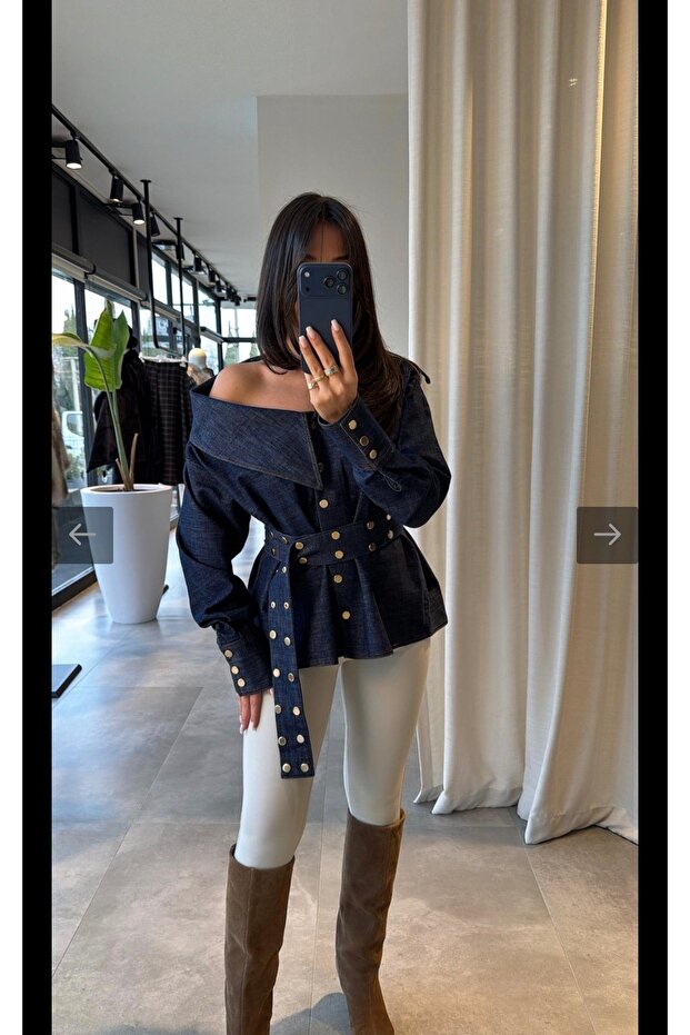 Premium Trend Waist Detail Studded Denim Jeans Shirt
