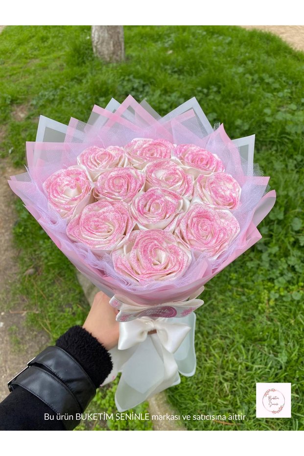 11-Piece Barbie Satin Rose Bouquet with Pink Glitter Tulle on White, Non-Fading Flower, Gift for Lover & Mother