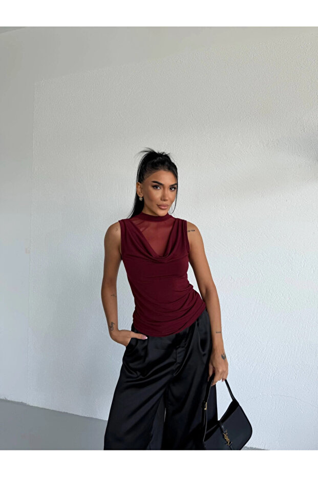 Collared Tulle Detailed Draped Sleeveless Women's Blouse Burgundy