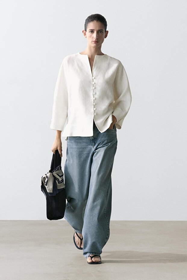 Düğmeli keten ceket - 1