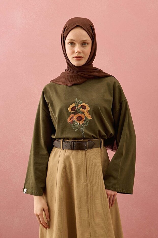 Haki Ay Çiçeği Baskılı Basic Body - 2