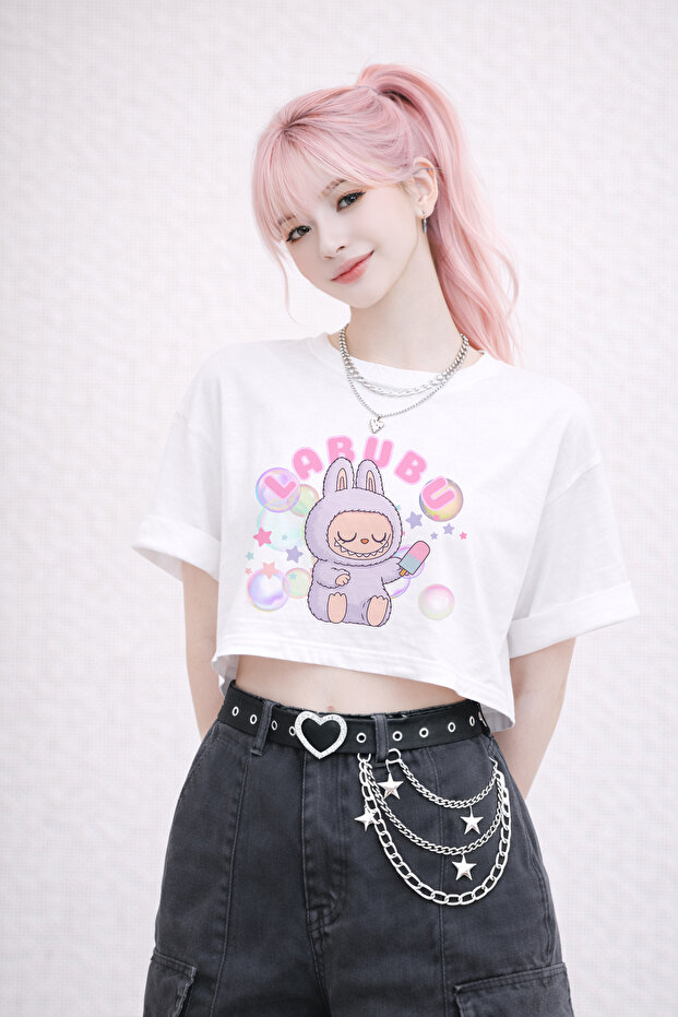 Printed White Semi Cropped T-Shirt – Oversized Cut 100% Cotton Women's T-Shirt