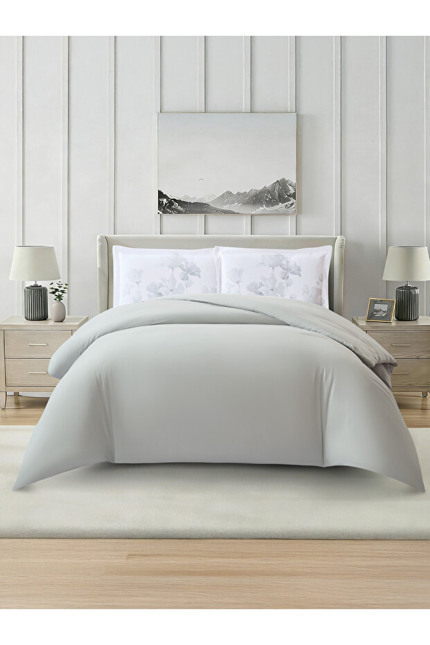 Solid 4Pc Duvet Cover Set, Queen Size 200×230cm, Brushed Microfiber, Printed Shams,(Without Filler)