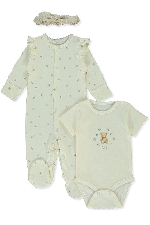 Organic Interlock Bootie Jumpsuit Set 3-Piece (Organic Cute Bear) Ecru