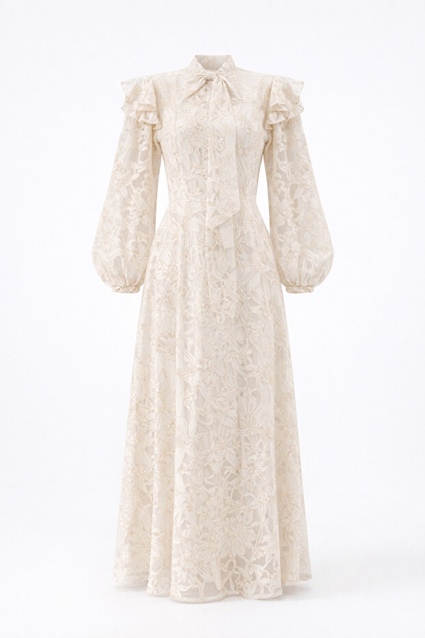 Lace Embroidered Scarf Collar Ecru Dress