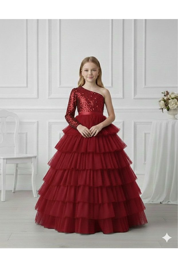 Girls' One-Shoulder Sequined Layered Tulle Detailed Red Evening Dress, Graduation Dress