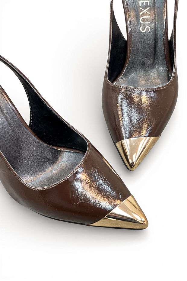 Women's Brown Semi-Glossy Medium Heel Stiletto with Metal Toe Buckle New Season F135