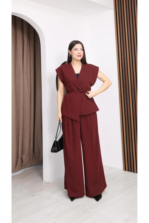 Women's Fabric Set - Burgundy Vest & Trousers (Palazzo, Wide Leg) Two-Piece Set