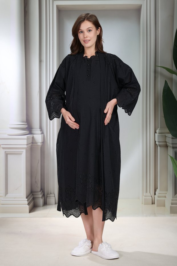 New Season Black Scallop Linen Dressing Gown Special Design Summer Cotton Maternity Dressing Gown, Nightgown Set