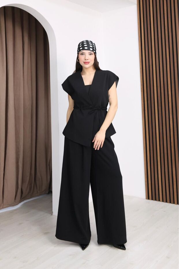Women's Fabric Set - Black Vest & Trousers (Palazzo, Wide Leg) Two-Piece Set