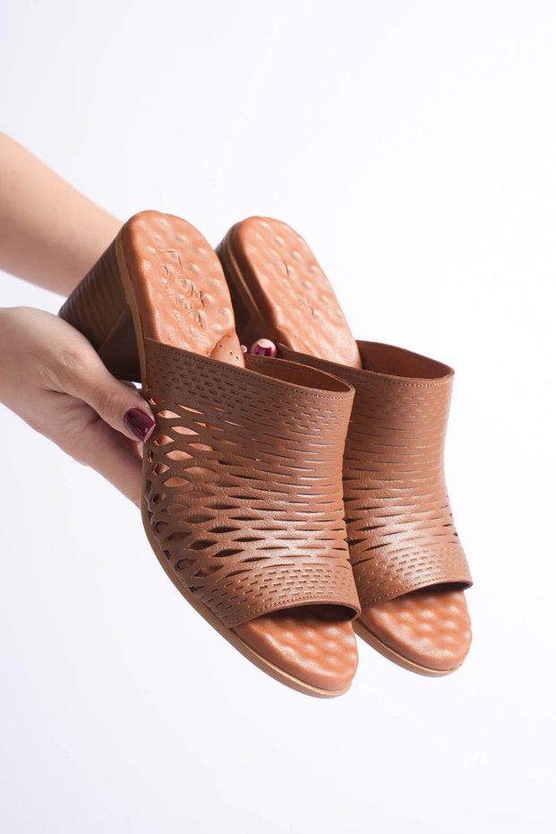 Genuine Leather Orthopedic Poly Sole Laser Cut Thick-Heeled Women's Slippers