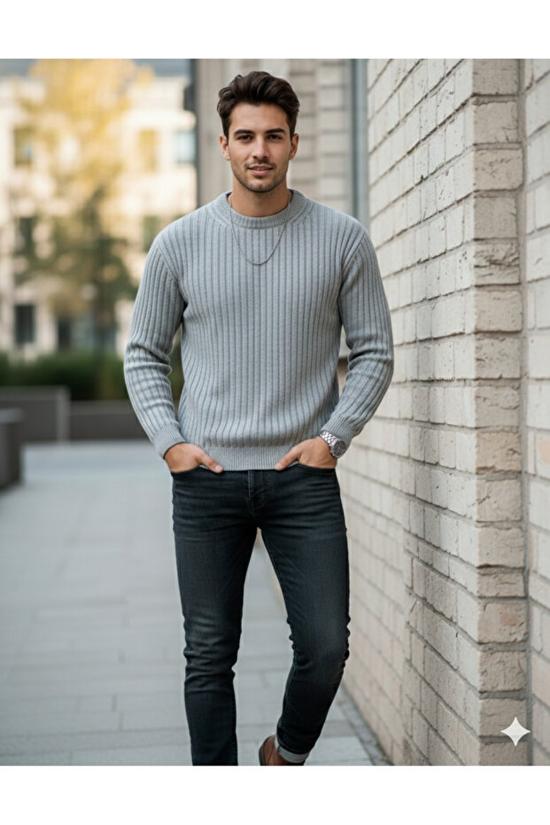 Gray - Ribbed Oversize Crew Neck Knitwear / Crew Neck Sweater