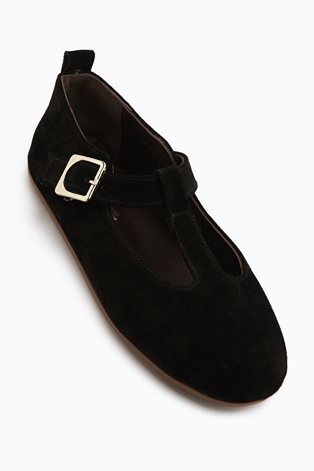 Danni Genuine Leather Black Suede Women's Ballerinas with Belt