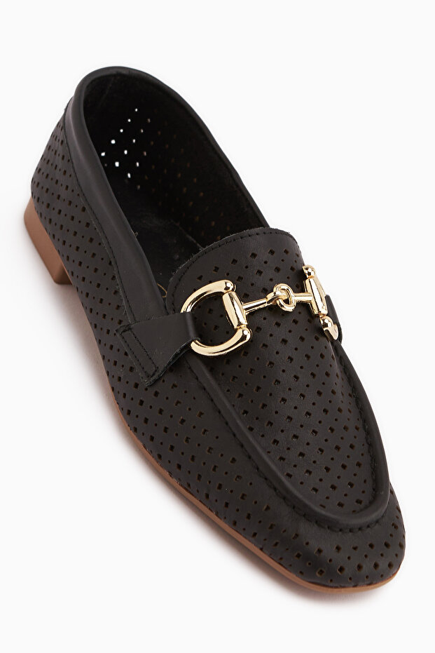 Rian Genuine Leather Black Buckle Women's Ballerinas