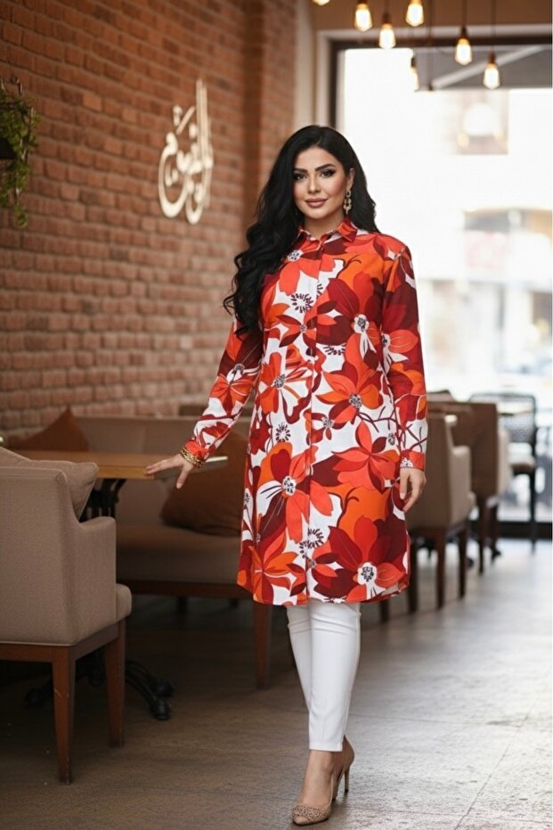 Orange and White Floral Patterned Viscose Shirt - Soft Textured Summer Tunic