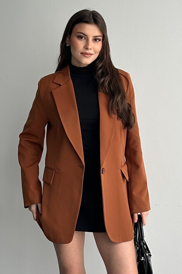 Kadın Taba Düğmeli Oversize Blazer Ceket - 7