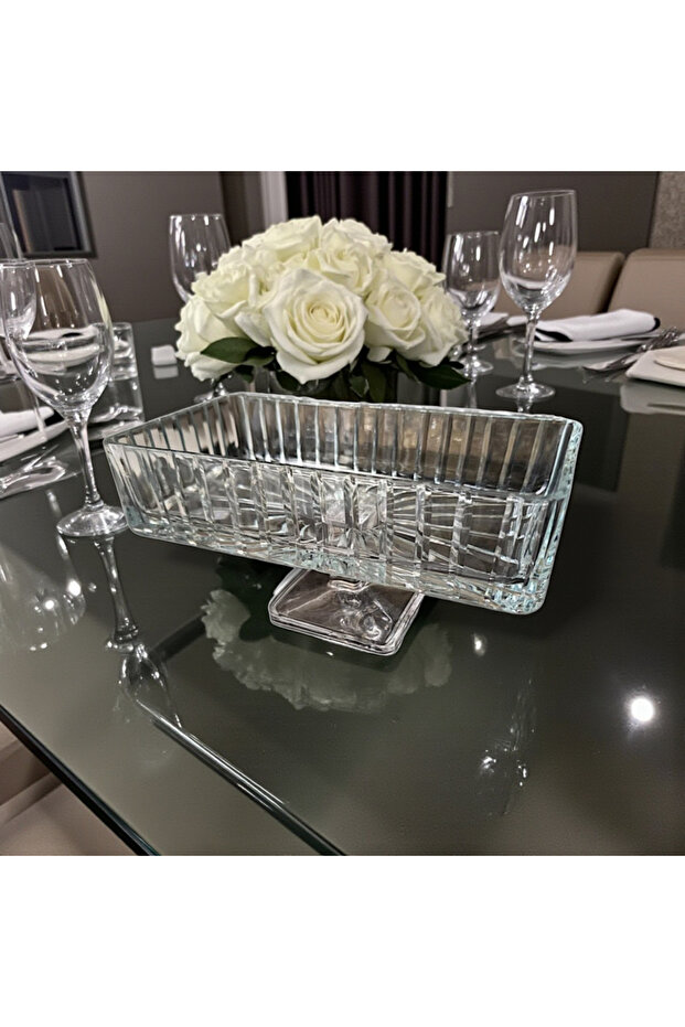 Handcrafted Cut Crystal Glass Rectangular Serving Bowl & Mezzanine Dish, Salad Bowl 12X24X5 12cm Height