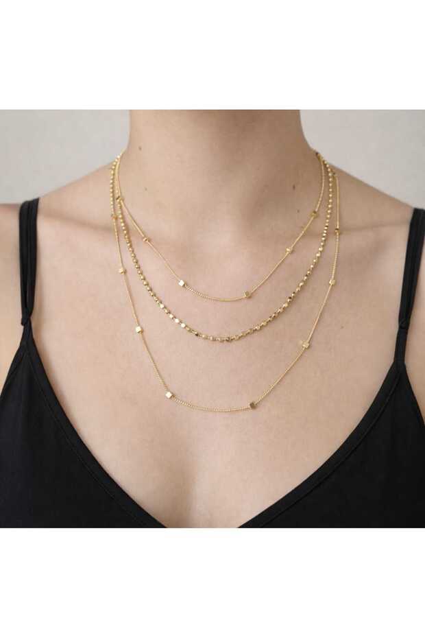 Steel Gold Layered Necklace with Beads and Cube Detail Multiple Chains Women's Trendy Necklace