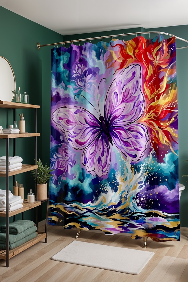 Bathroom Curtain, Purple Butterfly Patterned Shower Curtain, Bathtub Curtain 175X200Cm