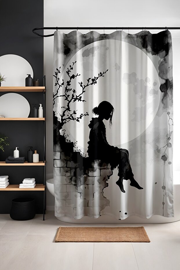 Bathroom Curtain, Loneliness in Moonlight Patterned Shower Curtain, Bathtub Curtain 175X200Cm