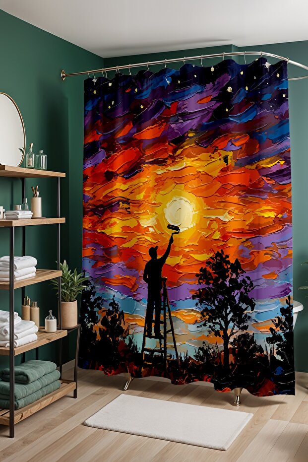 Bathroom Curtain, Abstract Sun Painting Patterned Shower Curtain, Bathtub Curtain 175X200Cm