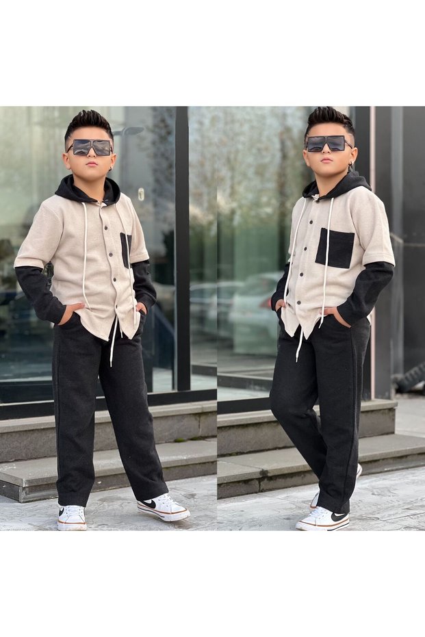 Eid Season Boys' Hooded Shirt-Pants Top and Bottom Lycra 2-Piece Seasonal Stylish Set