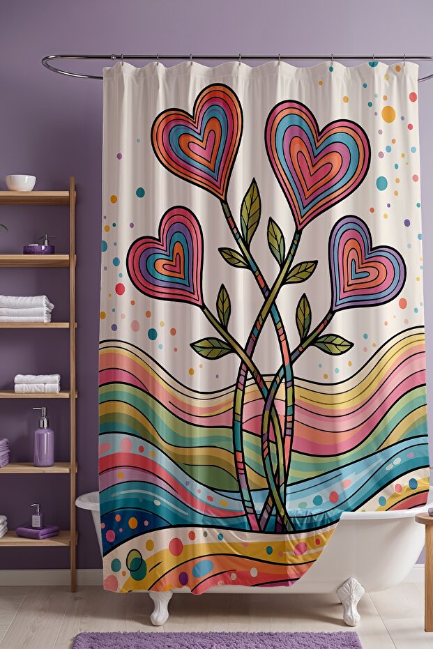 Bathroom Curtain, Cheerful Hearts Patterned Shower Curtain, Bathtub Curtain 175X200Cm