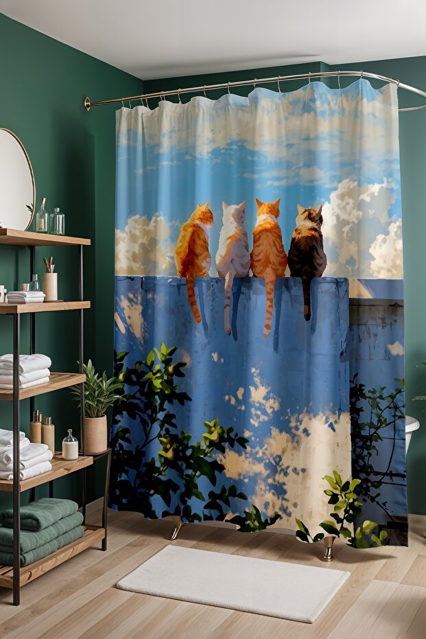 Bathroom Curtain, Cats Looking at the Sky Patterned Shower Curtain, Bathtub Curtain 175X200Cm