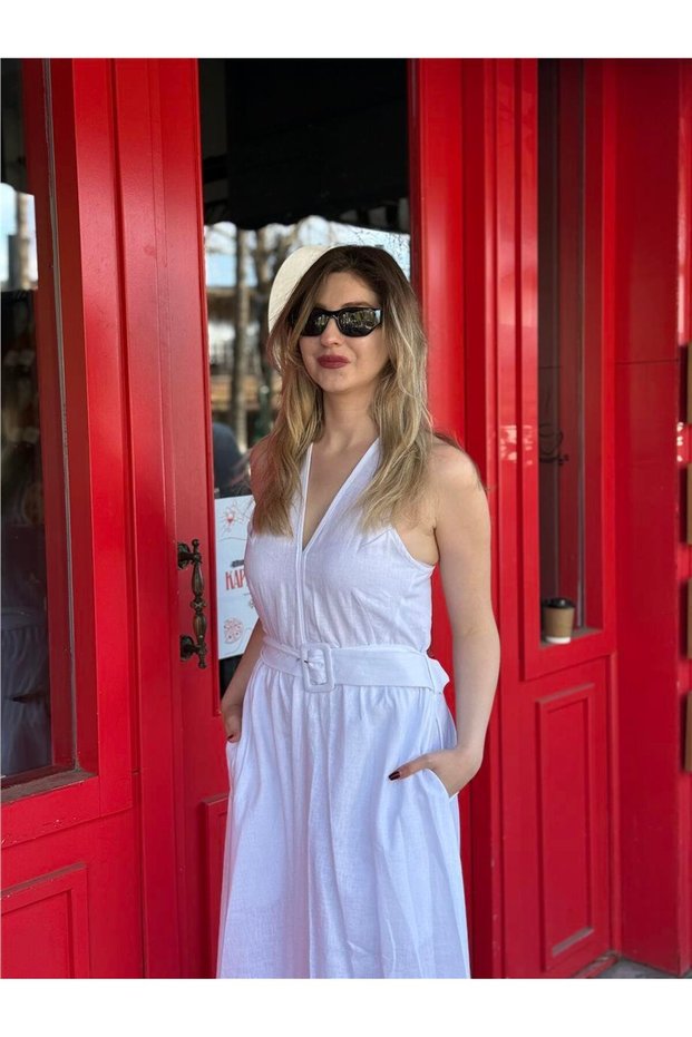 White Color V-Neck Thick Strap Belt Detailed Linen Dress