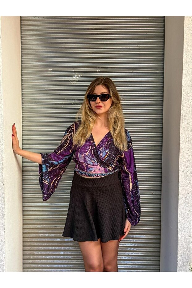 Purple Color Spanish Sleeve Gold Detailed Batik Patterned Silk Blouse