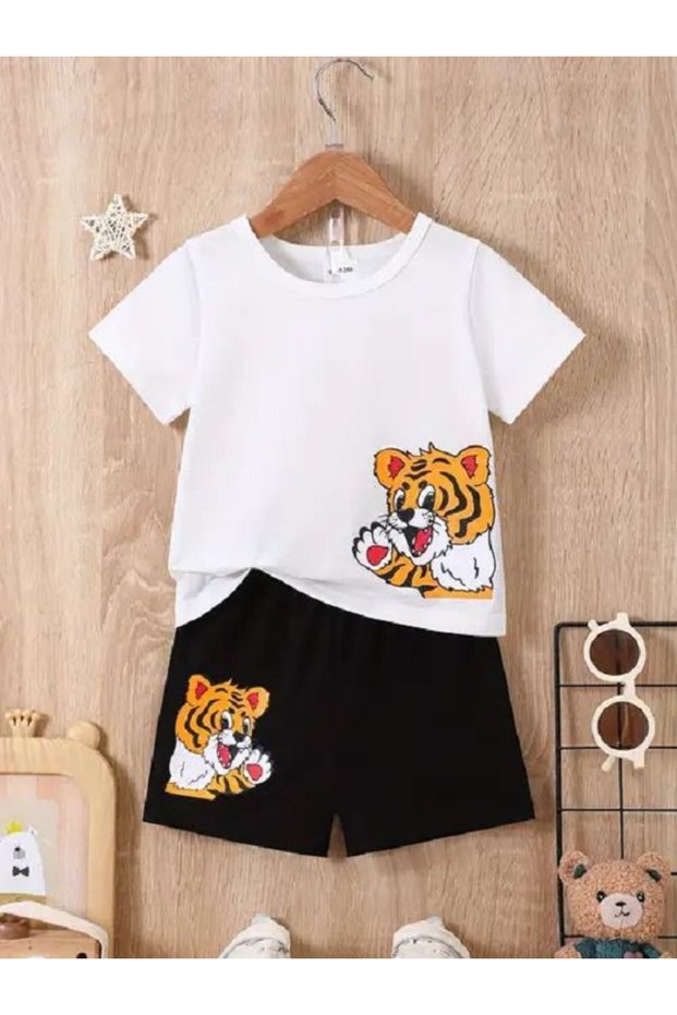 Summer Sweet Tiger Printed Boys and Girls Black Shorts, White T-Shirt Set