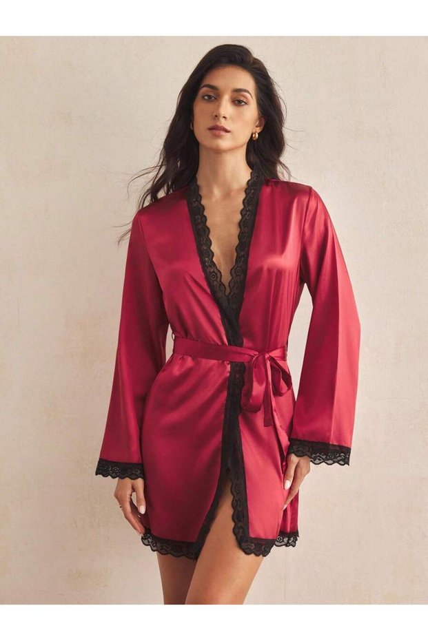 Women's Satin Lace Detailed Simple and Stylish Short Satin Dressing Gown