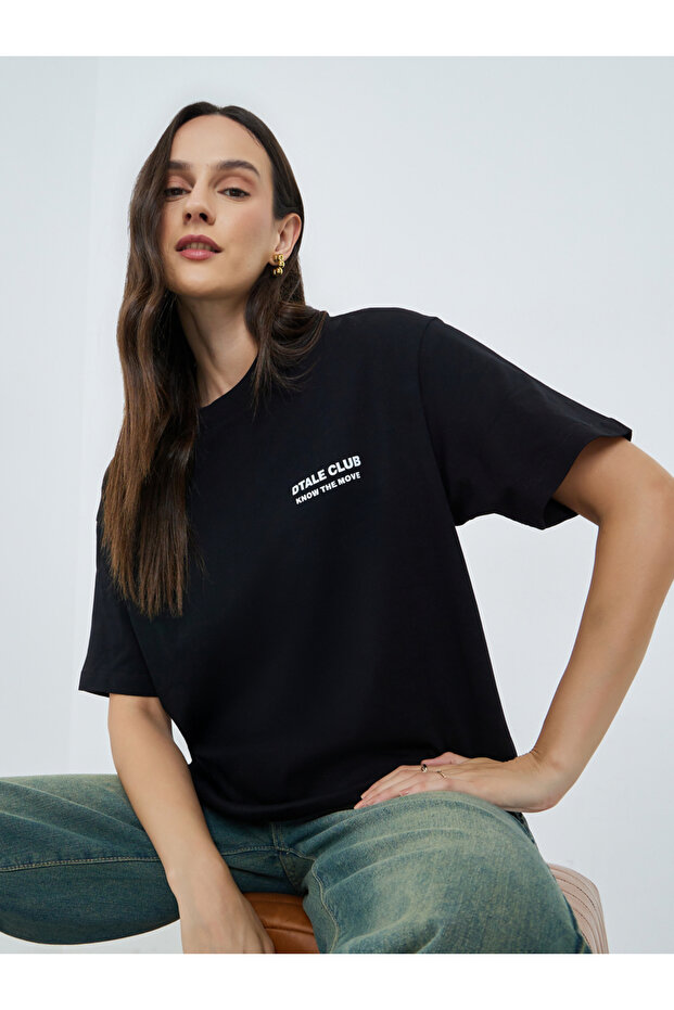 Black Oversized Cotton T-Shirt with Text Print