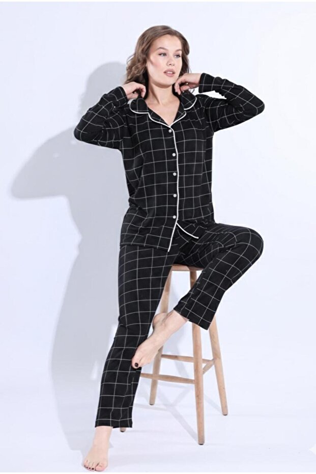 Women's Buttoned Long Sleeve Seasonal Milan Fabric Comfortable Pajama Set