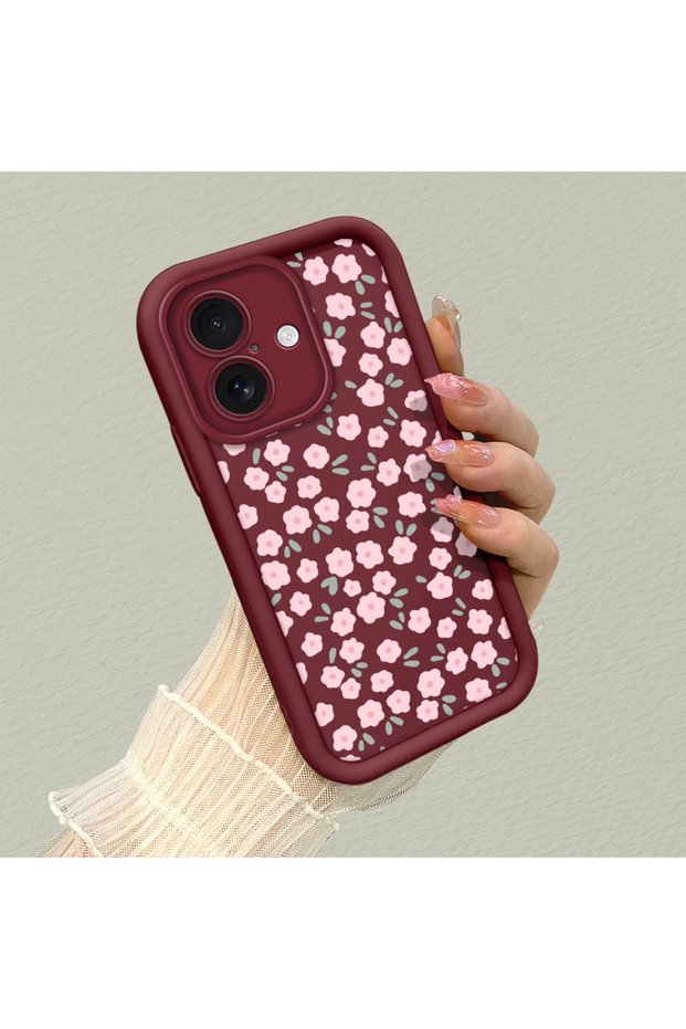 iPhone 16 Compatible Cute Floral Patterned Burgundy Phone Case - Aesthetic and Protective
