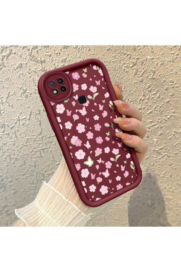 Redmi 9C Compatible Cute Floral Patterned Claret Red Phone Case - Aesthetic and Protective