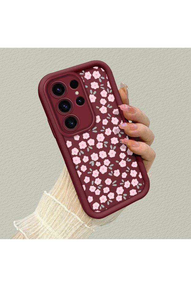 Samsung Galaxy S23 Ultra Compatible Cute Floral Pattern Burgundy Phone Case - Aesthetic and Protective
