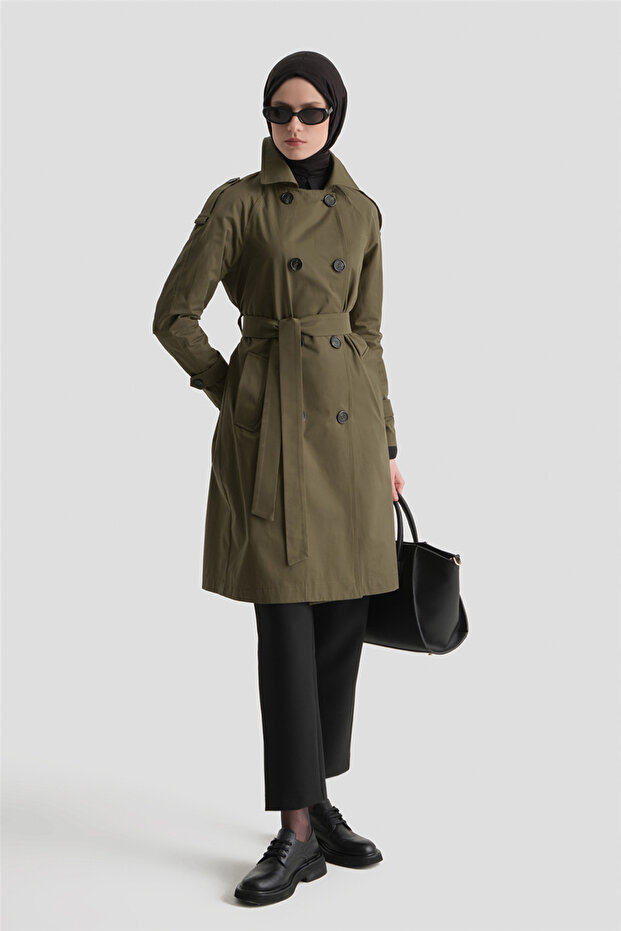 Düğmeli Basic Trençkot Haki - 2