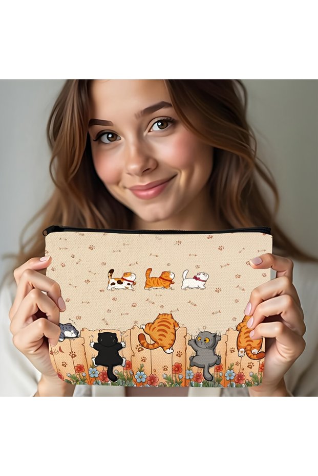 18X25cm Style-01 Cat-Themed Makeup Bag - Adorable Kitten & Paw Print Design, Mixed Colors Travel Toi