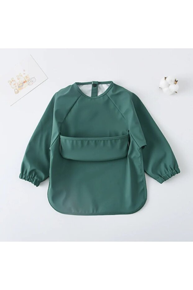 S(6-12month) dark green 1pcs Solid Color Painting Smk Baby's Soft Waterproof Long Sleeve Art Smk Fee