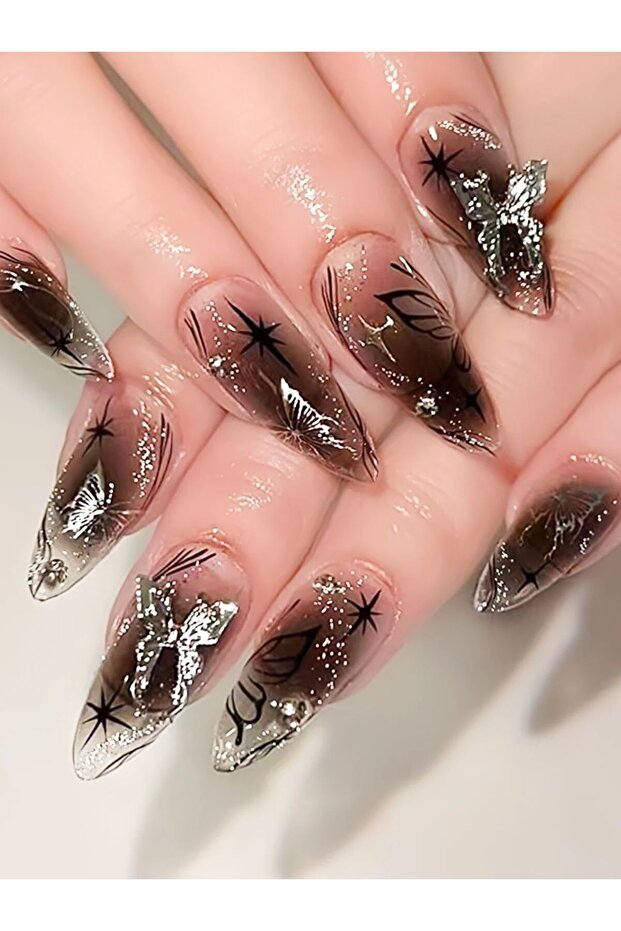 24pcs A 24PCS Long Press On NailsStiletto Black Silver Bowknot Dissymmetry Fake Nails Powder Full Co
