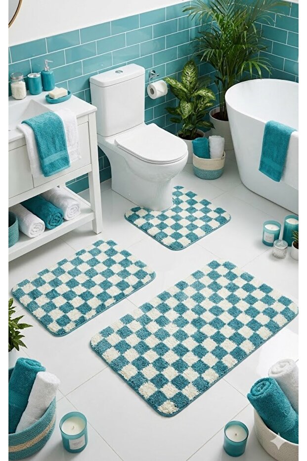 Chess Dama Pattern Latex Non-Slip Base Machine Washable 3-Piece Bath Mat 60X100 60X50 60X50 cm