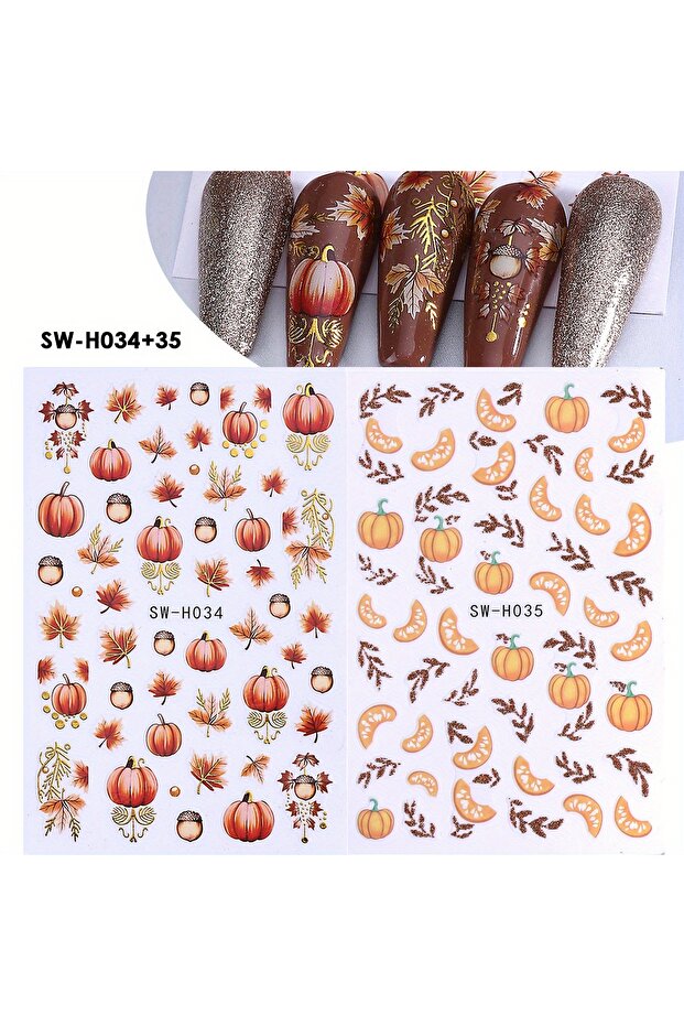 SW-H034-35 2pcs Glitter Autumn Pumpkin Maple Leaves Nail Stickers Metal Gold Fall Pine Cones Adhesiv